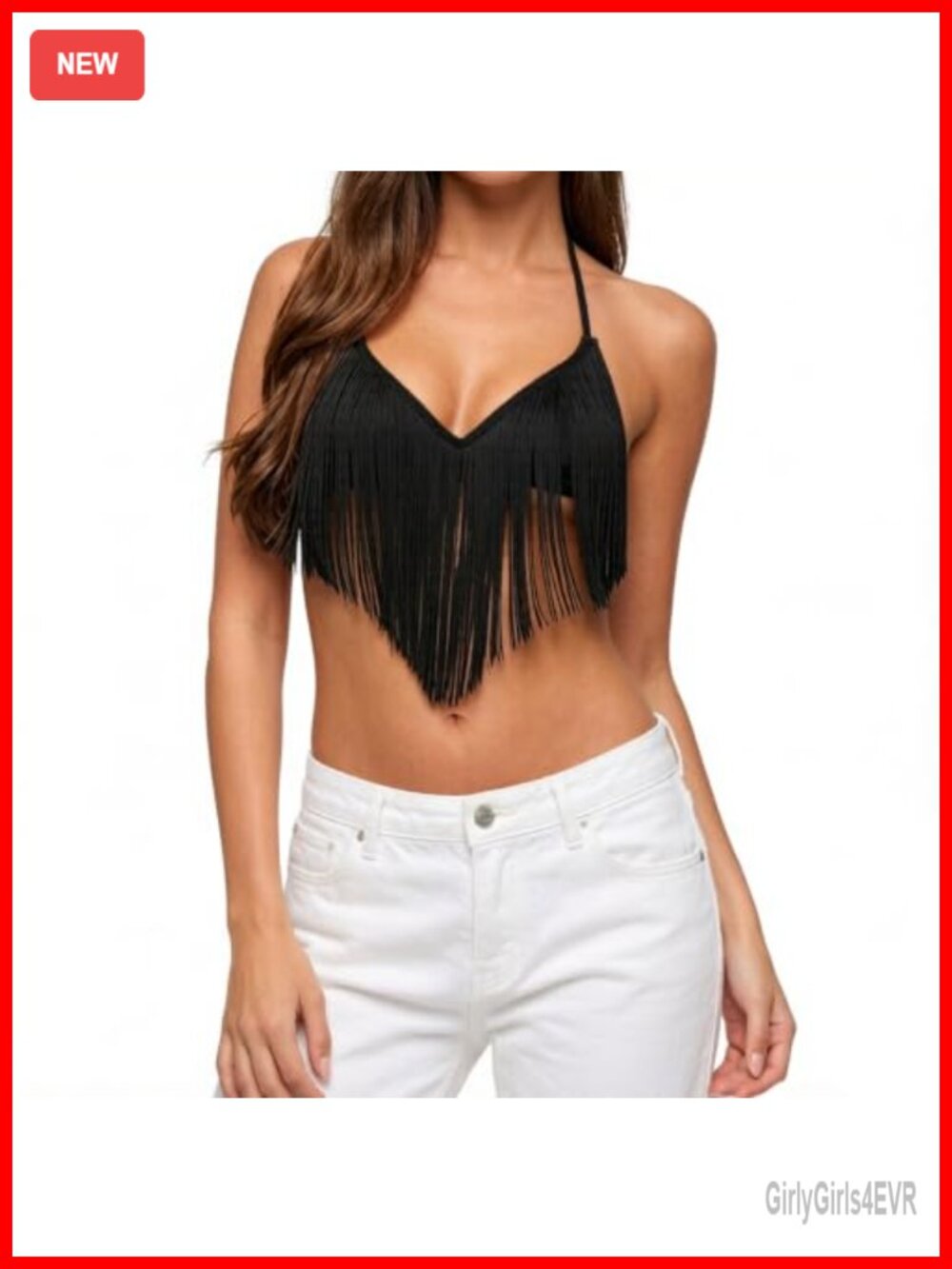 Y2K Fringe Halter Crop Top Tie Back Tassel Festival Cami